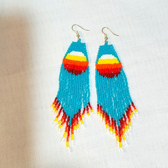 Handmade beaded turquoise native sun earrings with fringe - Picture 2 of 4